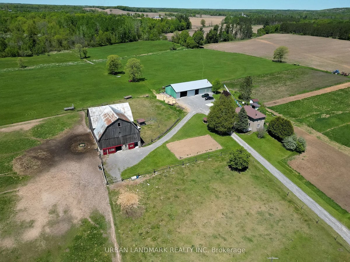 Amish farm near Stirling, Ontario Aerial view of an Amish farm with gambrel barn, green drive shed and brick farmhouse near Stirling, Ontario