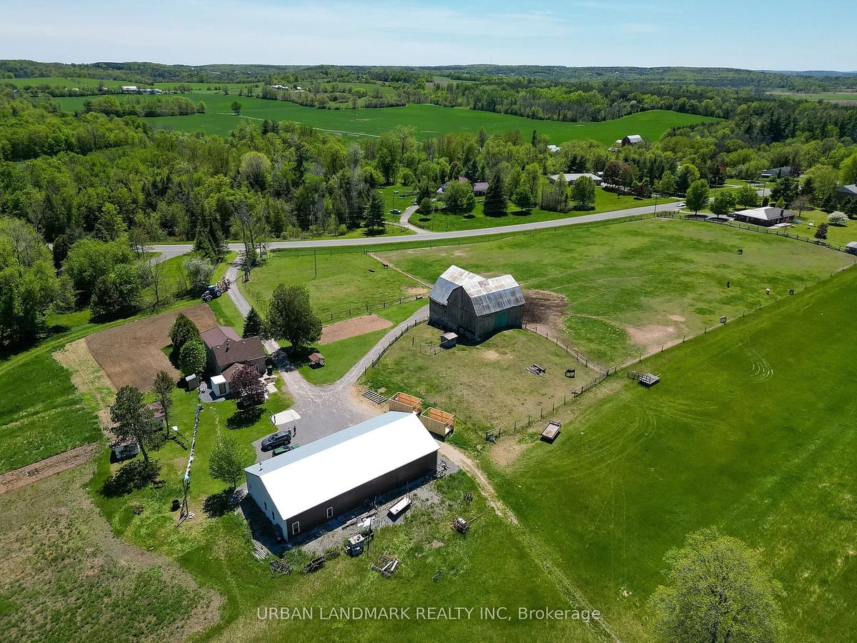 Amish farm and pasture near Stirling, Ontario Aerial view of Amish farm with barn, pasture and horses beside a country road near Stirling, Ontario