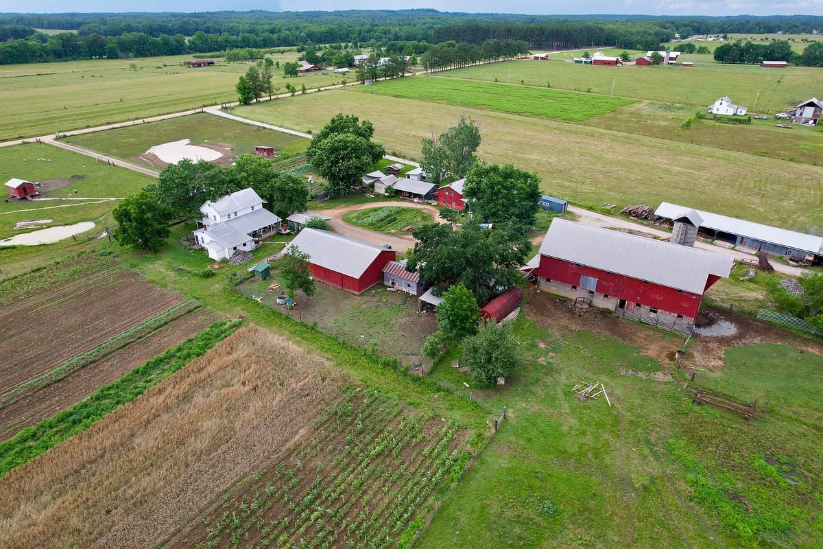Aerial view of Amish farmstead and neighboring farms in Randolph, Mississippi