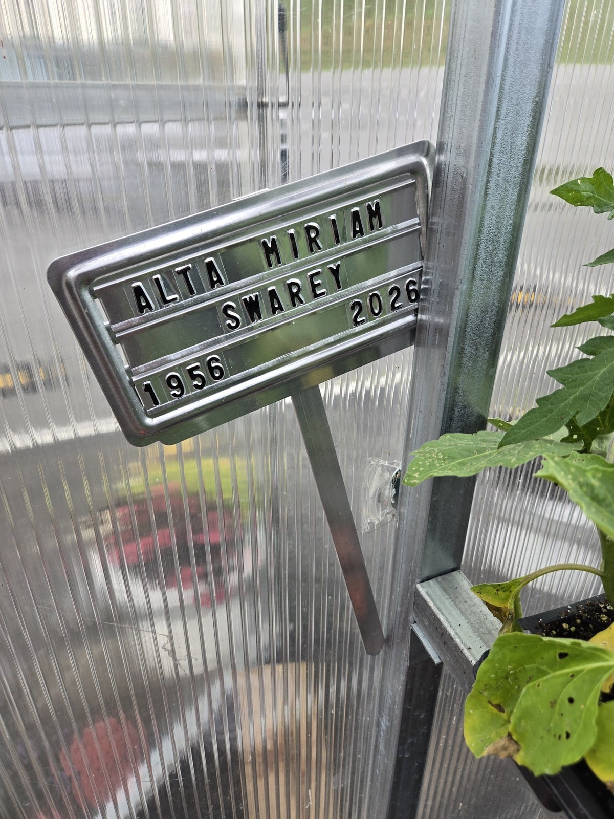 Alta Miriam Swarey memorial marker 1956 2026 greenhouse Pearisburg Virginia