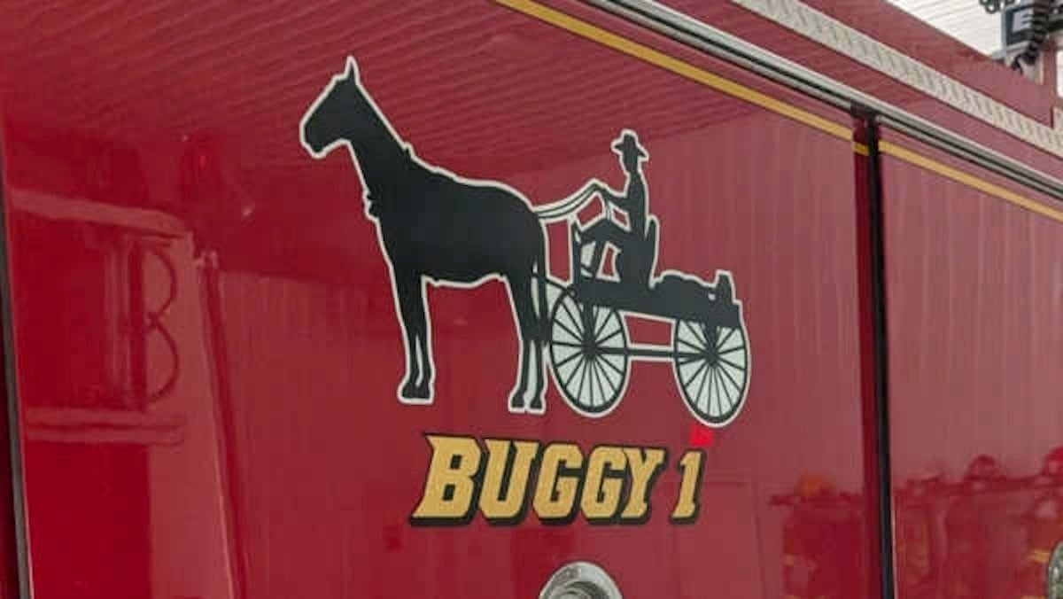 New Marion Volunteer Fire Department truck with Amish horse and buggy silhouette logo and Buggy 1 designation on the side