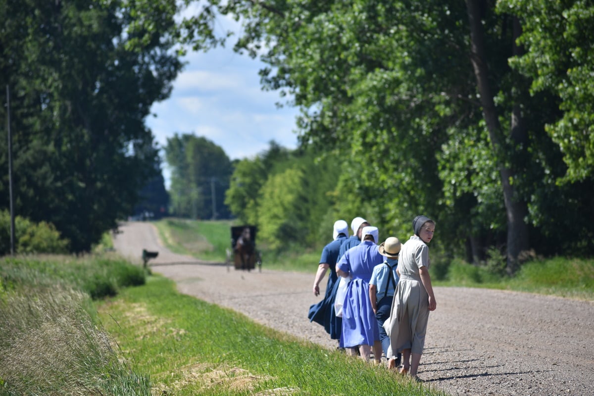 Amish family walking home down a gravel road in the Cass City, Michigan community