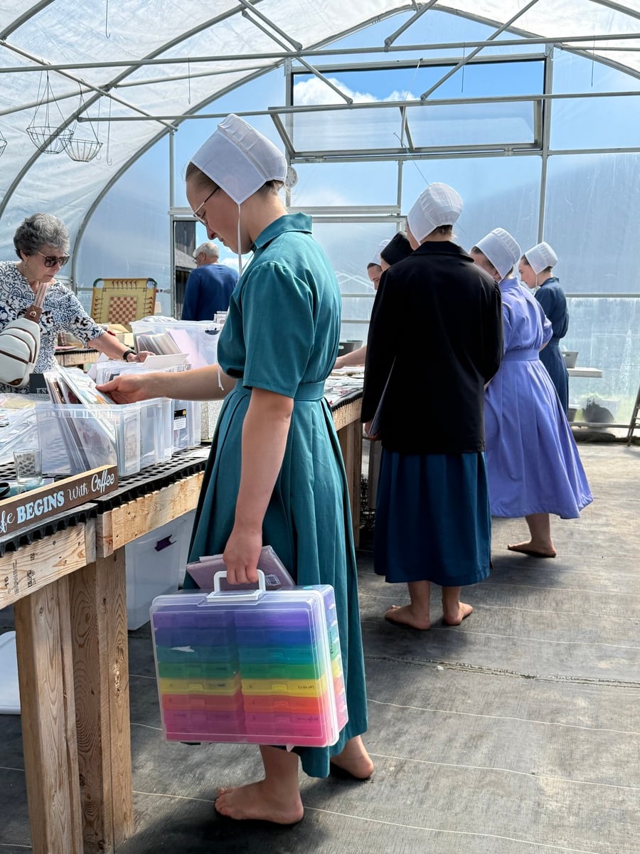 Amish girl looking through boxes of greeting cards at a Michigan greenhouse sale