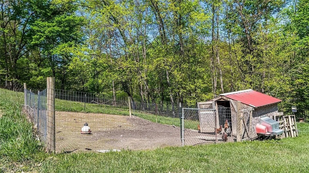 Chicken coop with fenced run and red-roofed shelter at Amish homestead Cumberland Ohio