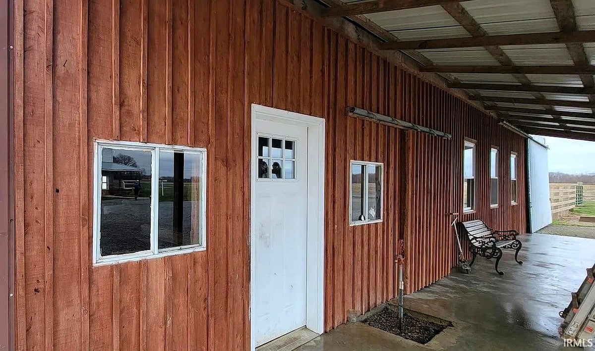 Covered exterior area along workshop building at Amish farm in Vevay, Indiana