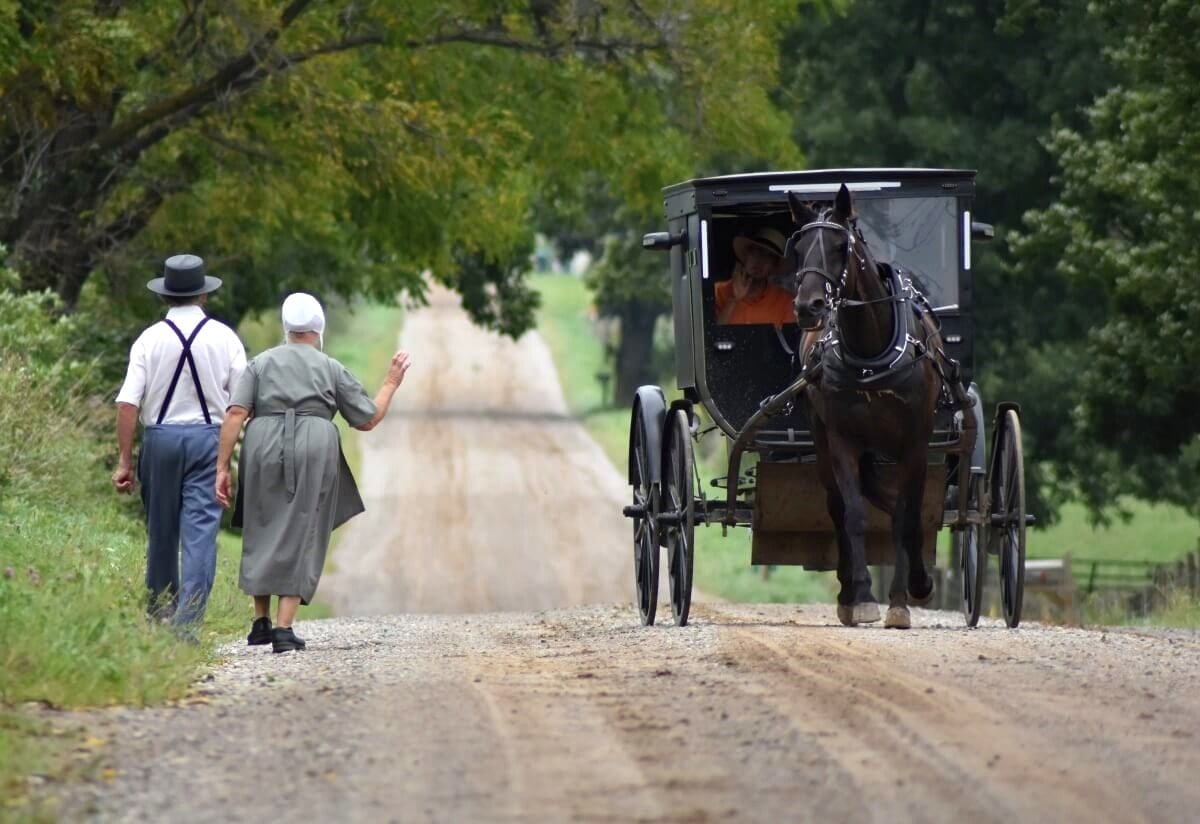 Amish couple walking gravel road as buggy passes, Indiana