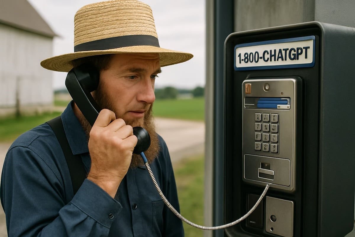 Amish man using a payphone labeled 1-800-CHATGPT in a rural setting