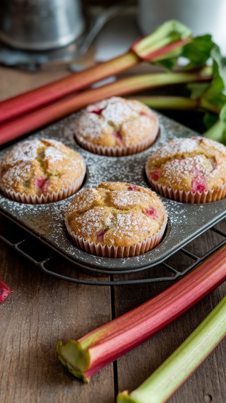 Freshly baked Amish rhubarb muffins in a muffin tin, dusted with powdered sugar.