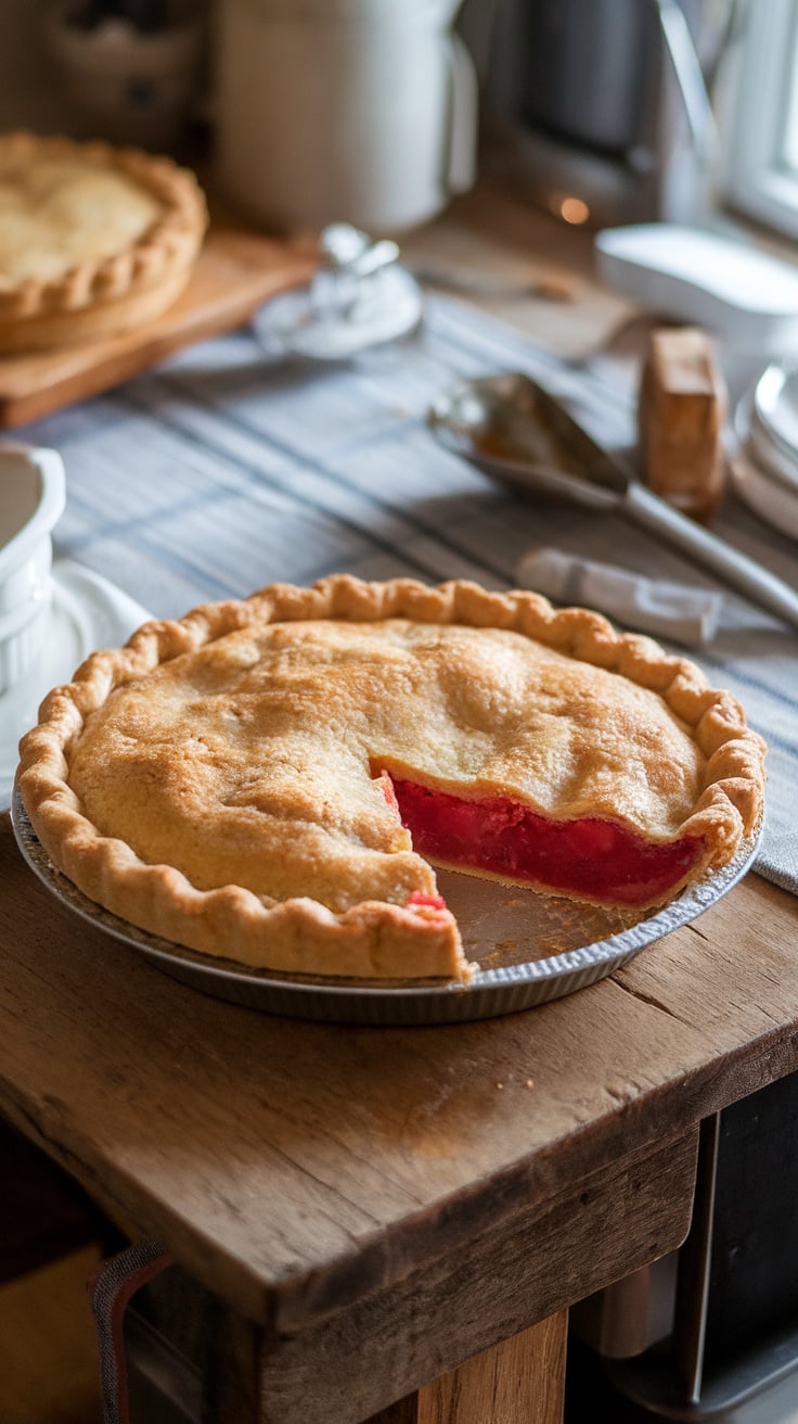 A freshly baked Amish rhubarb pie with a golden crust and a slice removed to reveal the filling.
