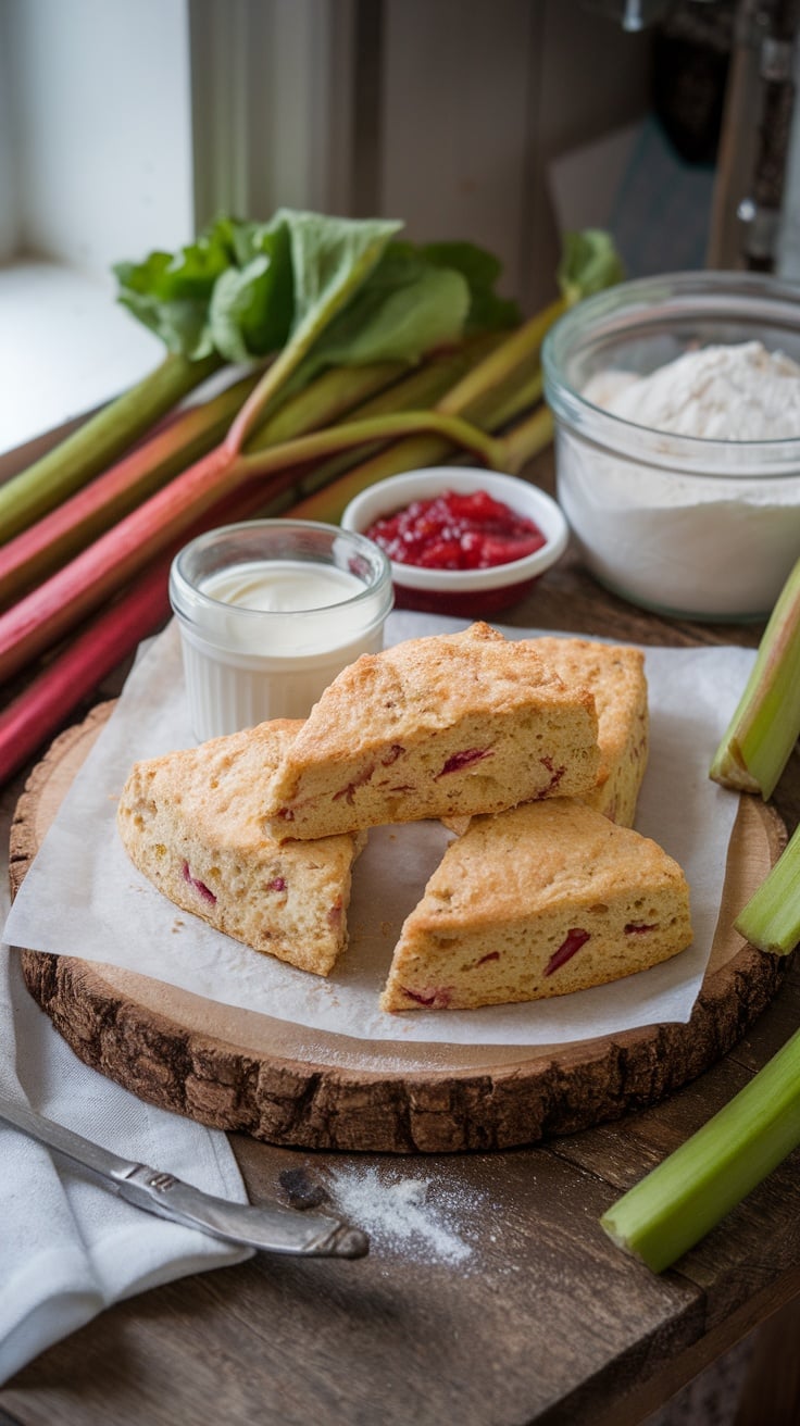 Delicious Amish rhubarb scones on a wooden board, served with cream and jam.