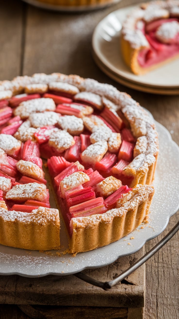 A delicious-looking Amish Rhubarb Tart on a rustic wooden table.