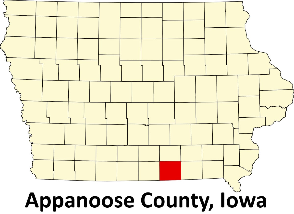 Map of Iowa with county boundaries; Appanoose County highlighted in red near the southern border.