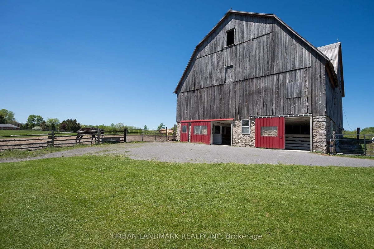 Amish barn near Stirling, Ontario Weathered gambrel barn with stone foundation, red doors and horses near Stirling, Ontario
