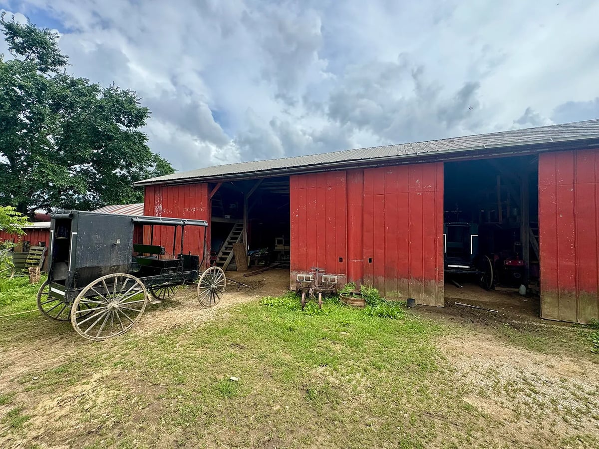 Swartzentruber Amish buggy without SMV triangle beside red equipment barn in Randolph, Mississippi