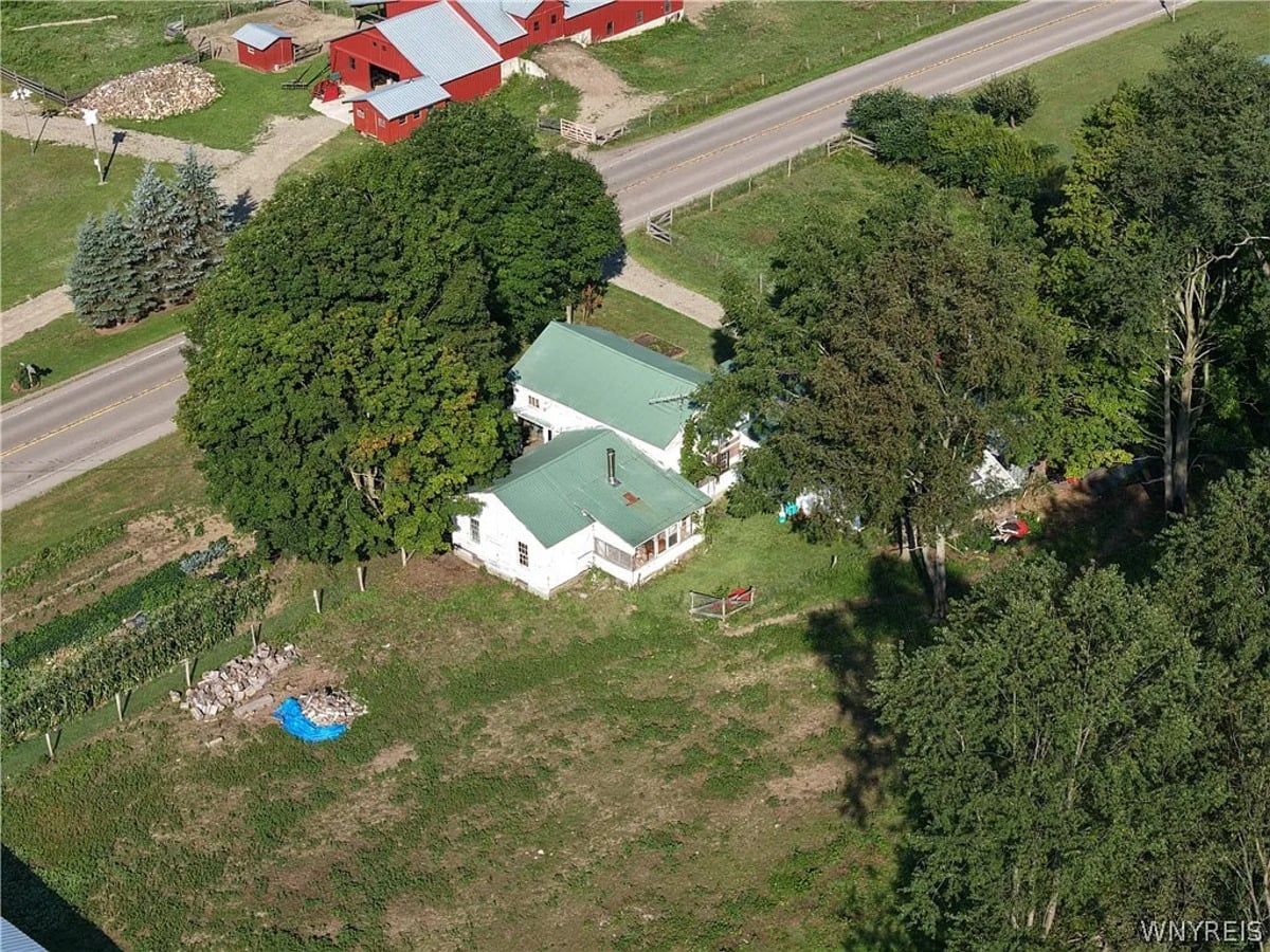 Aerial view of the Amish home and its garden plot along Route 241 in Cattaraugus County, New York