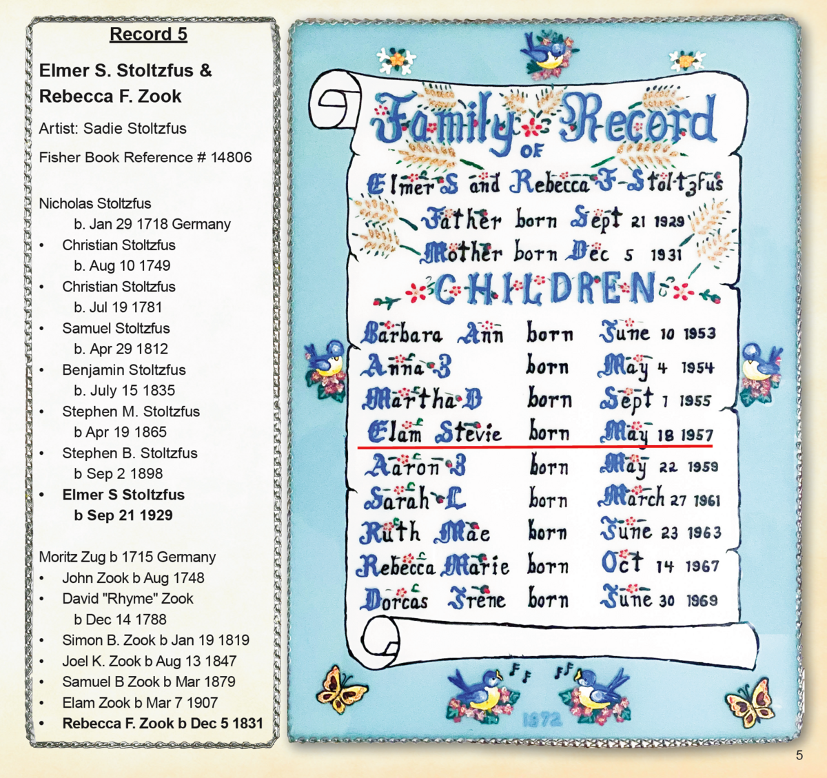 Painted glass family tree of Elmer S. and Rebecca F. Stoltzfus by Sadie Stoltzfus