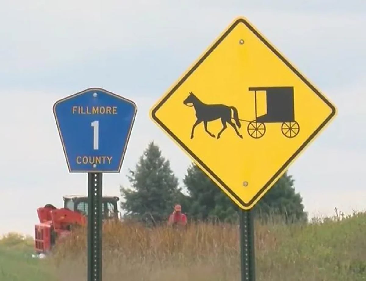 Fillmore County 1 buggy warning sign Fillmore County Road 1 marker next to a yellow horse-and-buggy warning sign in rural Minnesota