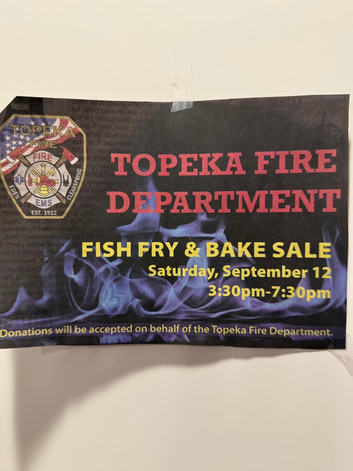 Printed ad for the Topeka Fire Department Fish Fry and Bake Sale