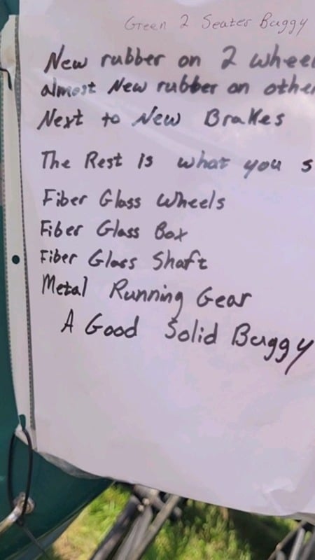 Handwritten sign listing the features of a green two-seat buggy for sale