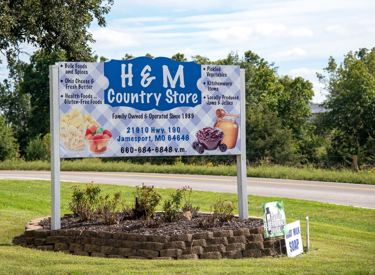 H&M Country Store sign in Jamesport, Missouri