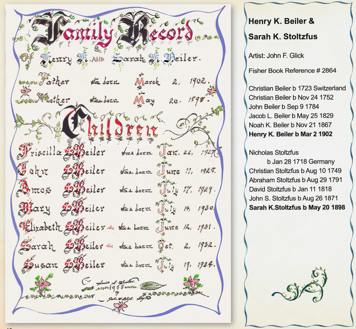 Fraktur family record of Henry K. Beiler and Sarah K. Stoltzfus by John F. Glick
