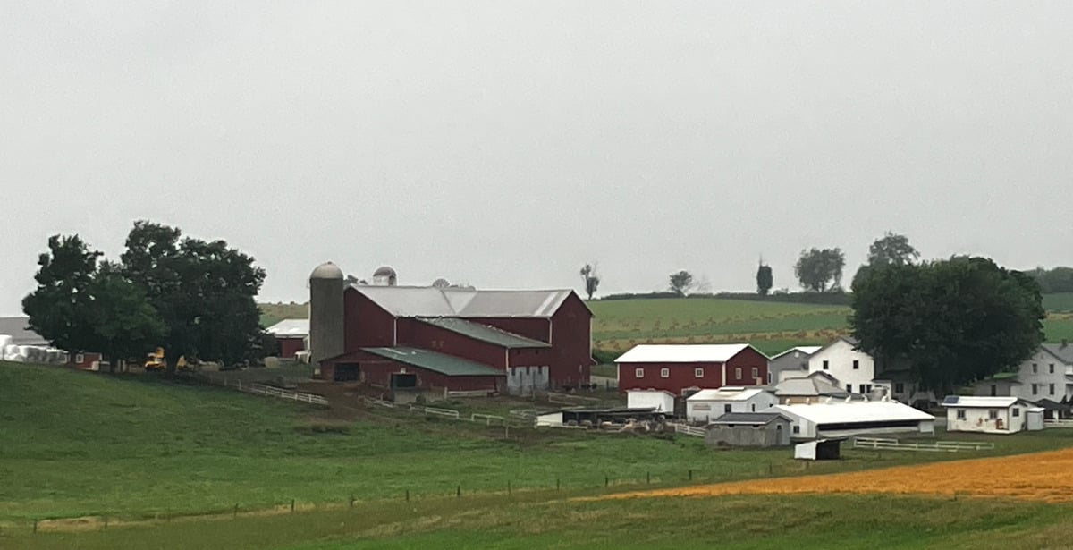 Red barn and farm buildings sit among green fields under a gray sky, with trees on the left and a fence in the foreground.