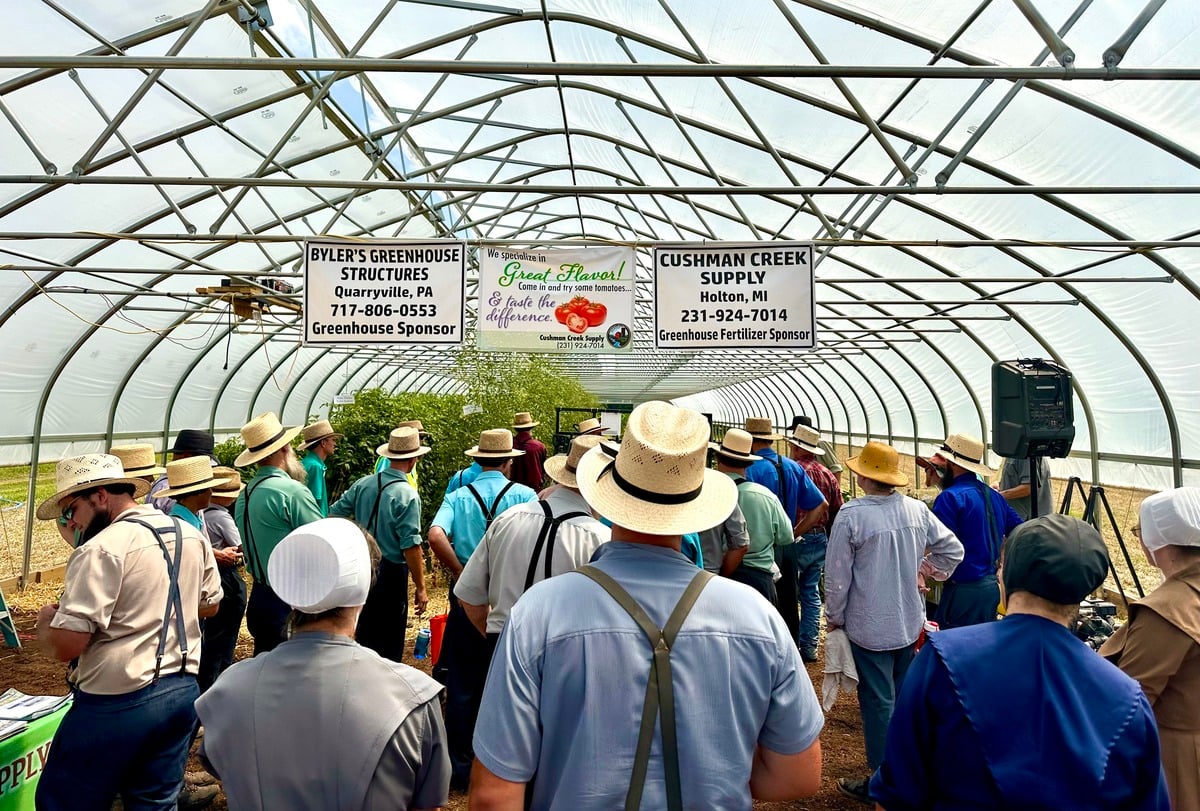 Greenhouse seminar – Horse Progress Days 2026 Amish men in a greenhouse at Horse Progress Days 2026