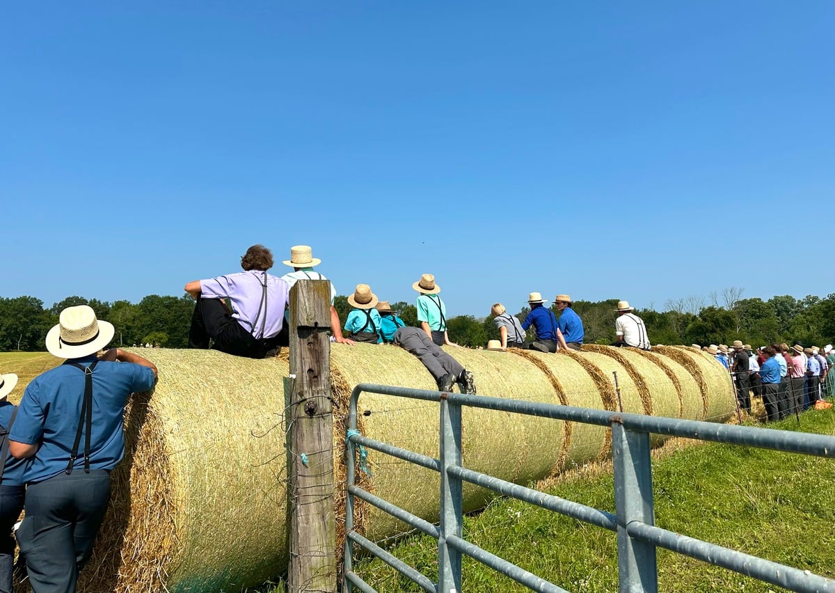 Hay bale seating for the 12-team hitch – Horse Progress Days 2026 Amish men sitting on round hay bales to watch the 12-team hitch at Horse Progress Days 2026