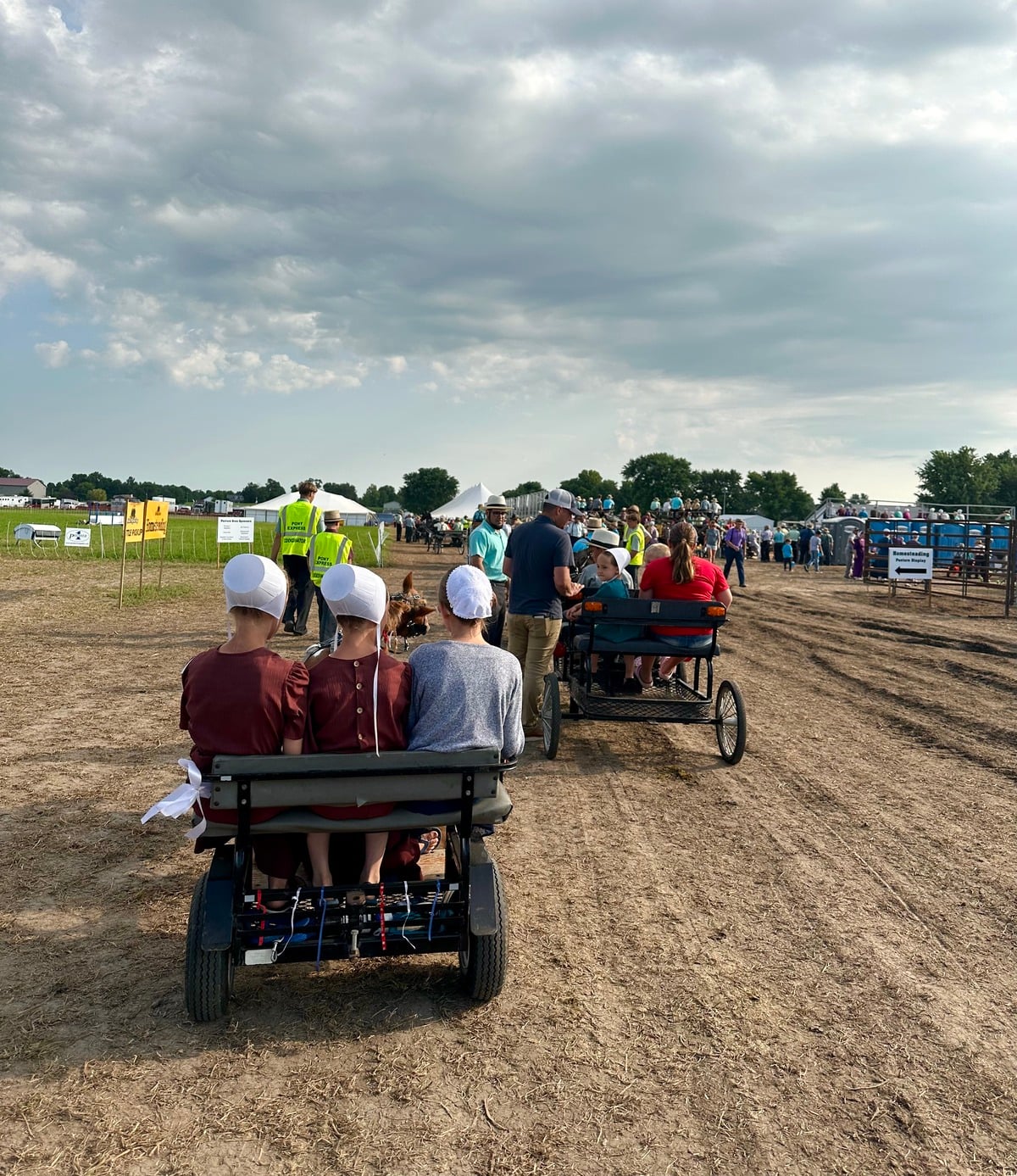 Pony Parade lineup – Horse Progress Days 2026 Amish girls riding in a pony cart at Horse Progress Days 2026