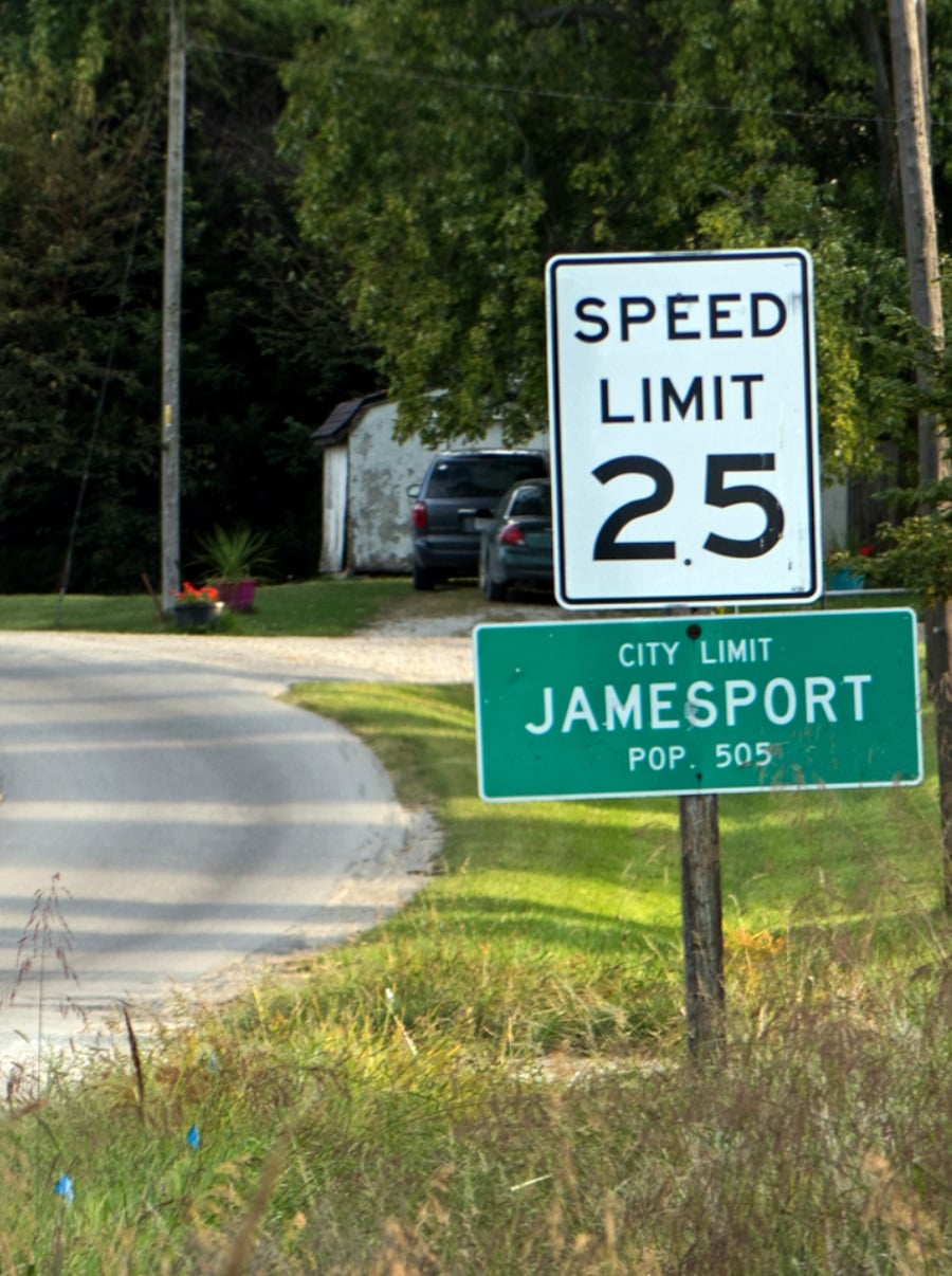 Jamesport Missouri town sign at the entrance to the small rural community home to one of Missouri's largest Amish populations
