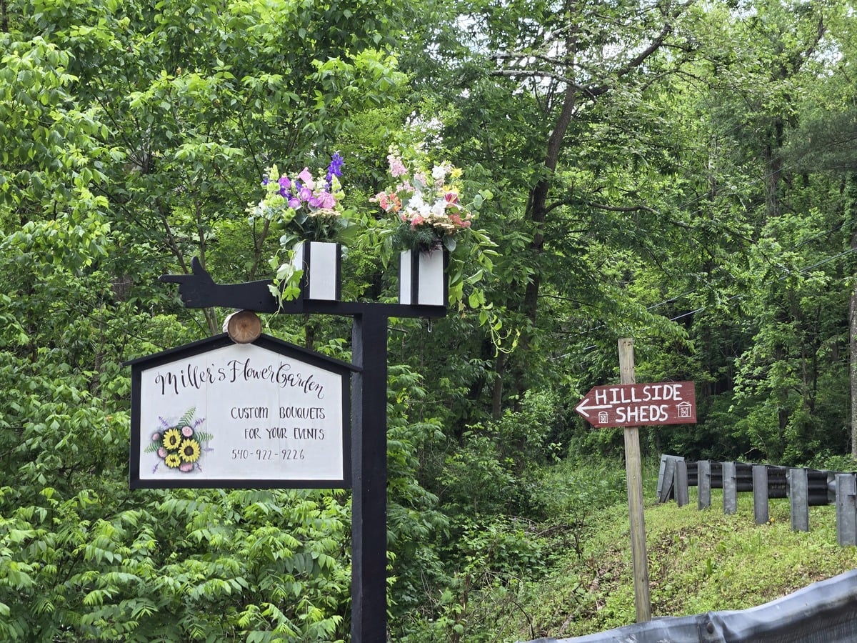 Miller's Flower Garden and Hillside Sheds signs Pearisburg Virginia Amish businesses