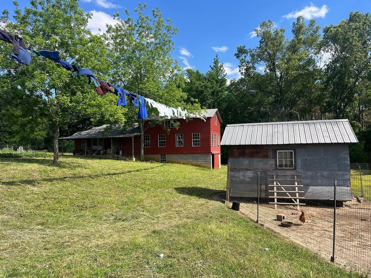 Amish compound with red building, chicken coop, and colorful clothing on clothesline through trees, with chicken in foreground pen, Randolph Mississippi