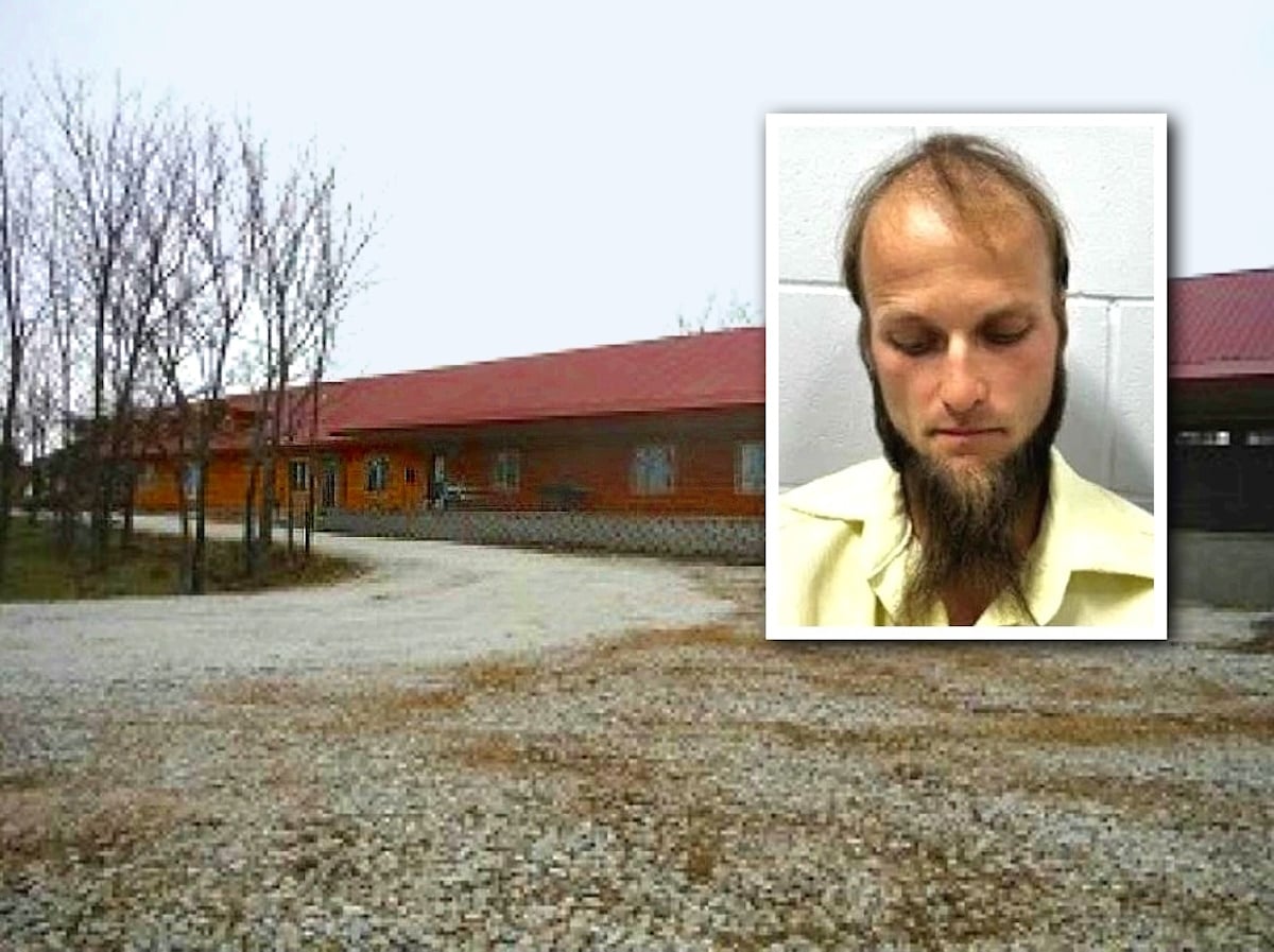Old Cabin Retreat facility in Centerville Iowa with inset booking photo of Eddie Gingerich