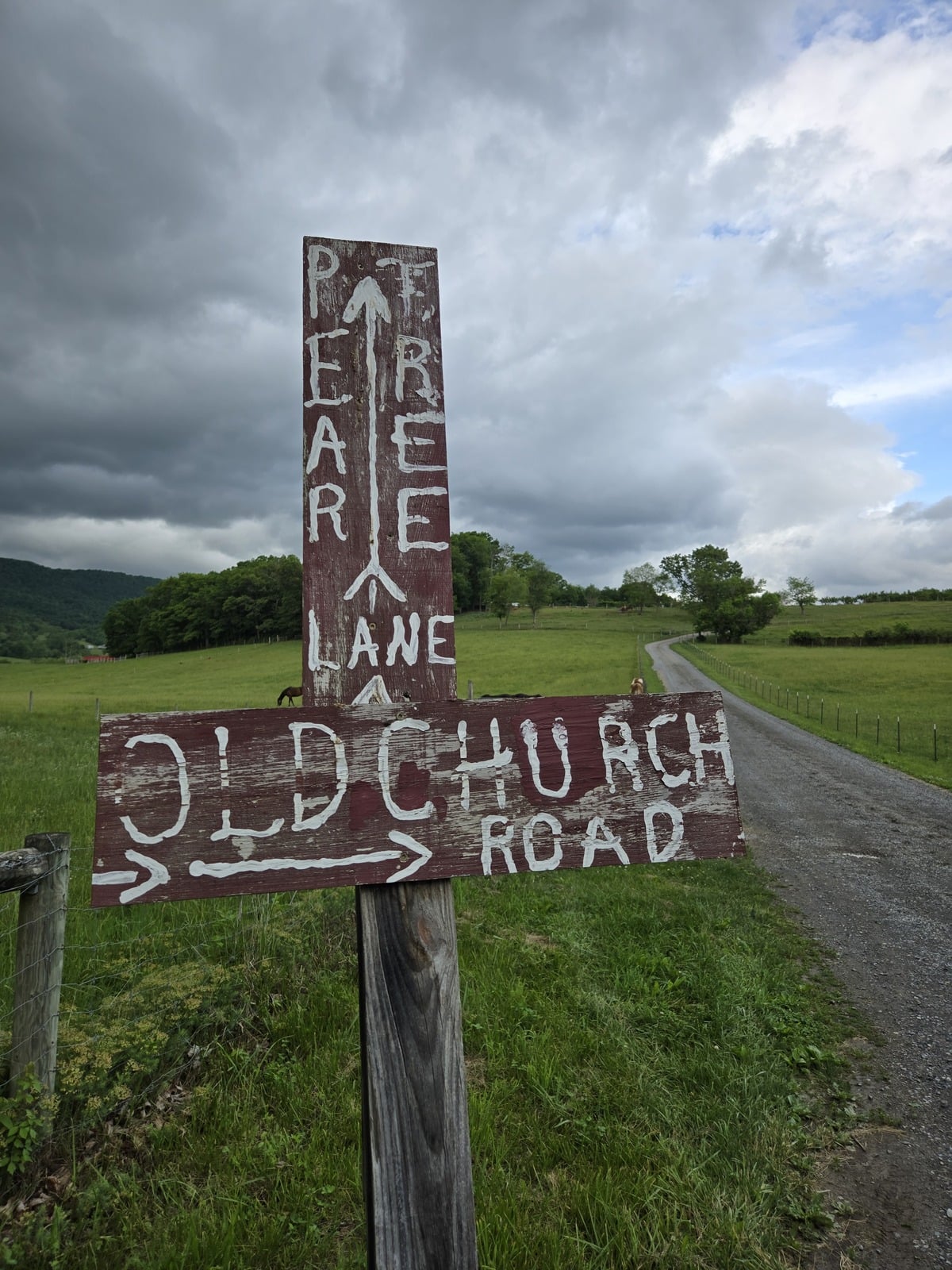 Hand-painted road sign Pear Tree Lane Old Church Road Pearisburg Virginia Amish