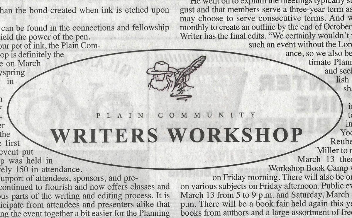 Plain Community Writers Workshop logo from The Budget, featuring an illustration of a bearded Plain writer with a quill pen