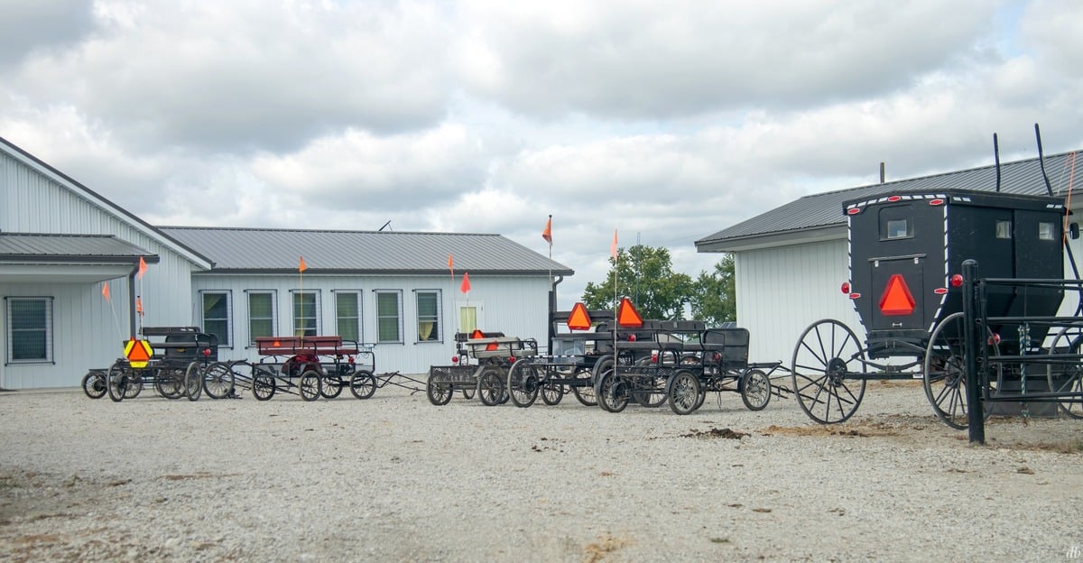 Pony carts and a buggy parked at Pleasant Hill School