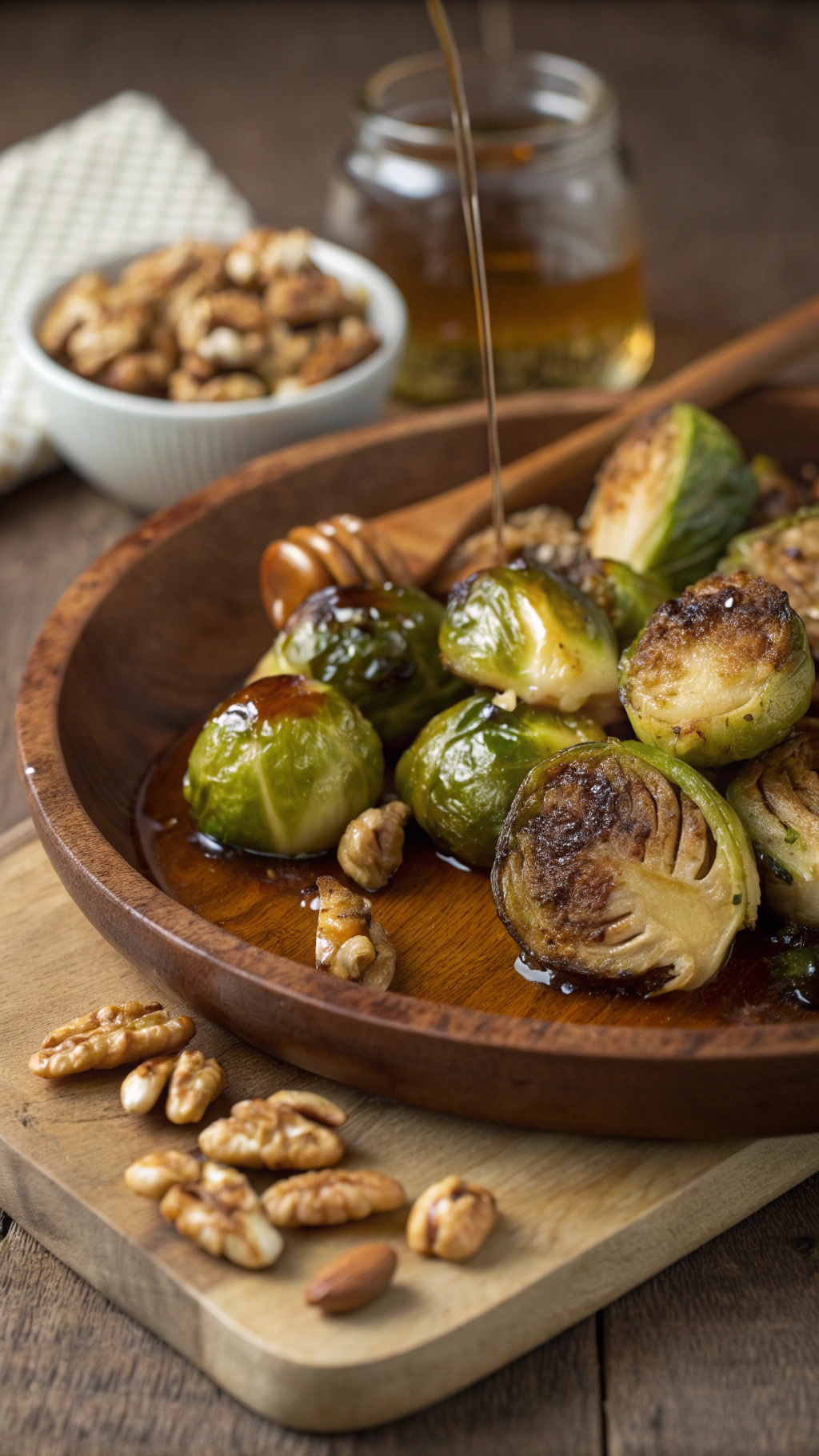 Maple glazed Brussels sprouts with walnuts in a wooden bowl