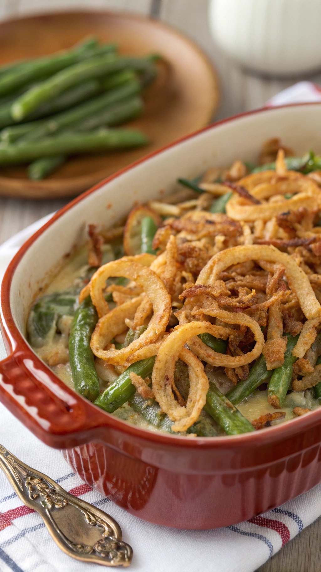 A delicious Amish Green Bean Casserole topped with crispy fried onions, served in a red baking dish.