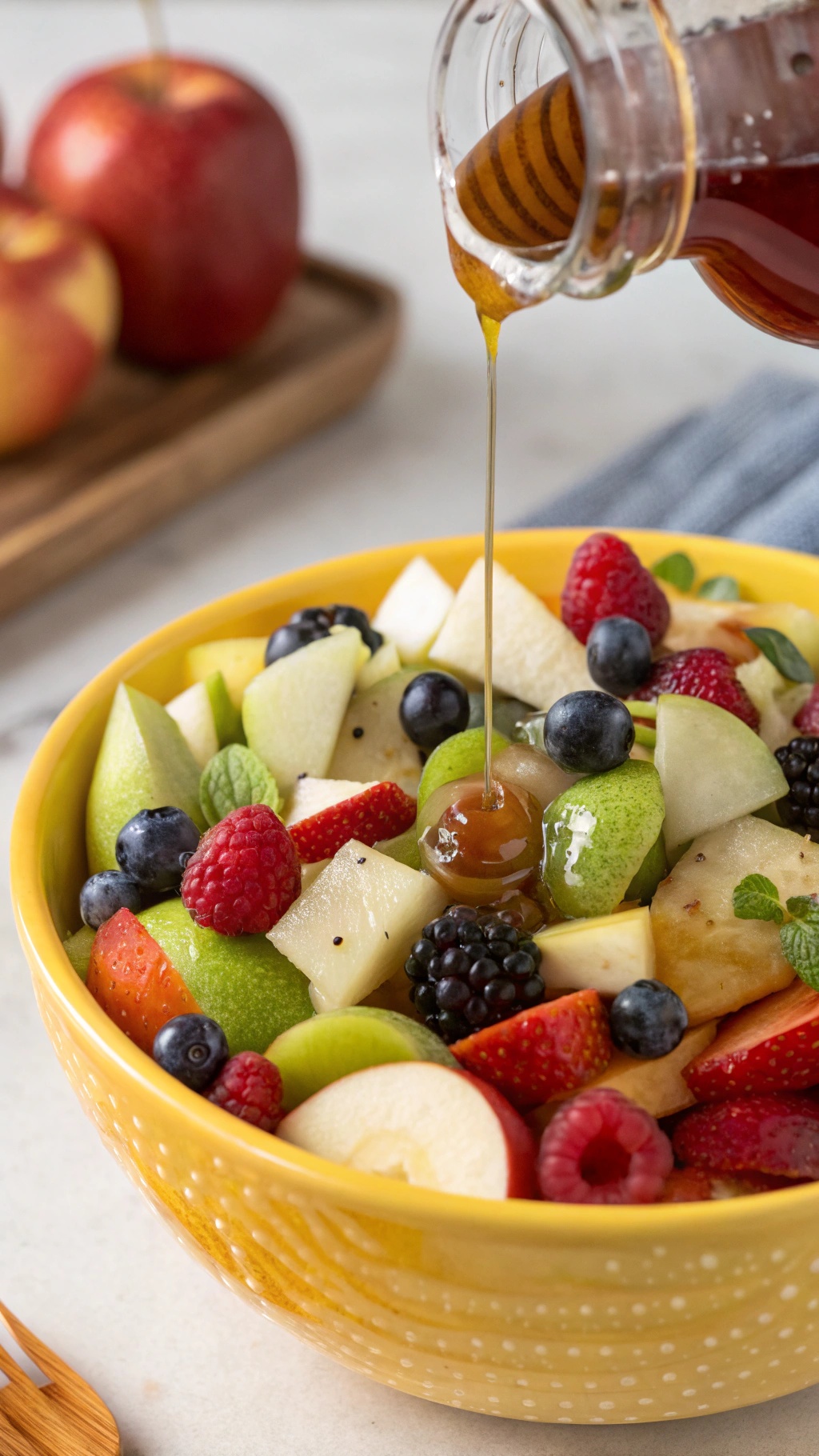 A bowl of colorful fruit salad with honey dressing being poured over it.