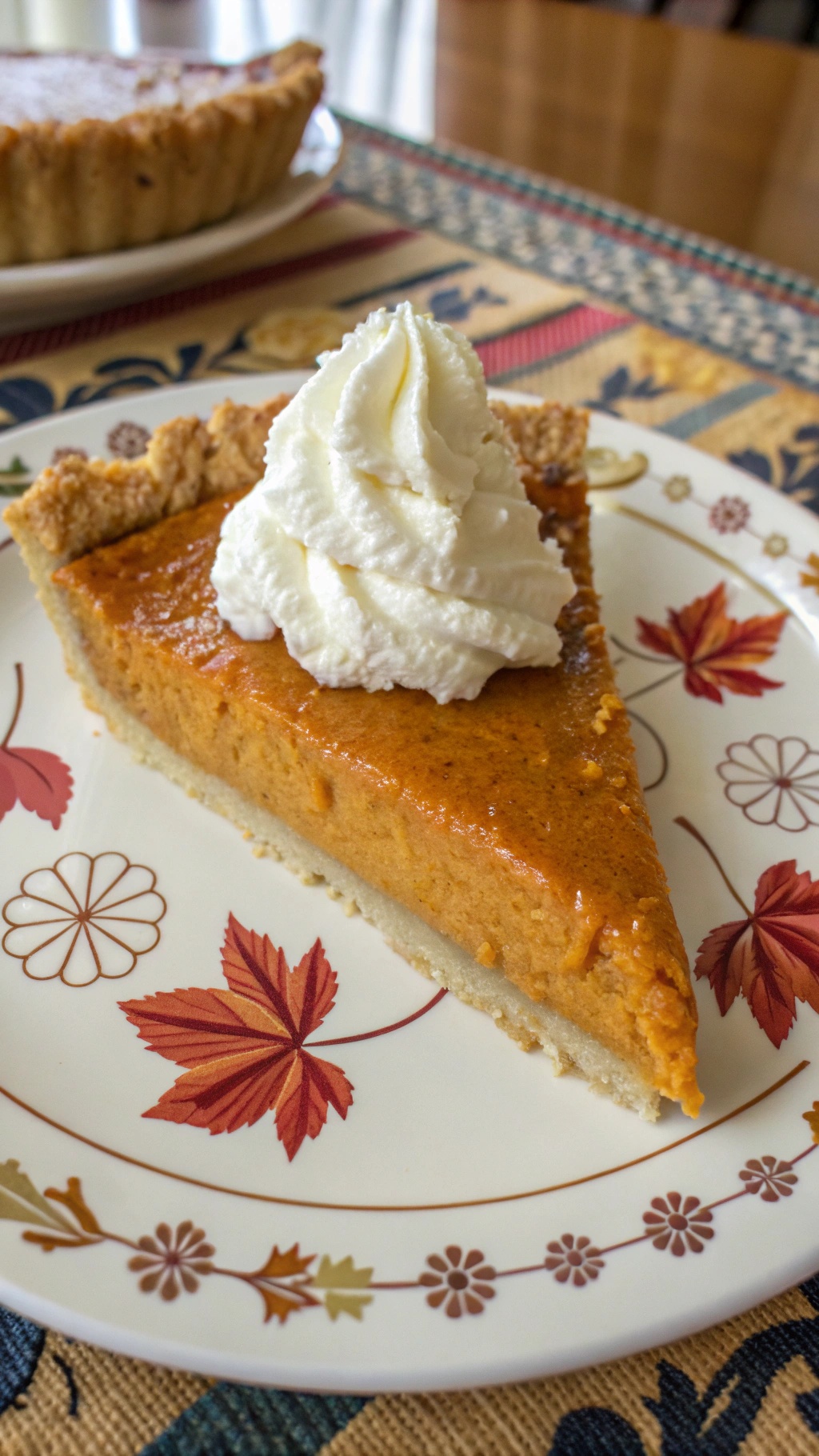 A slice of Amish pumpkin pie topped with whipped cream on a decorative plate.