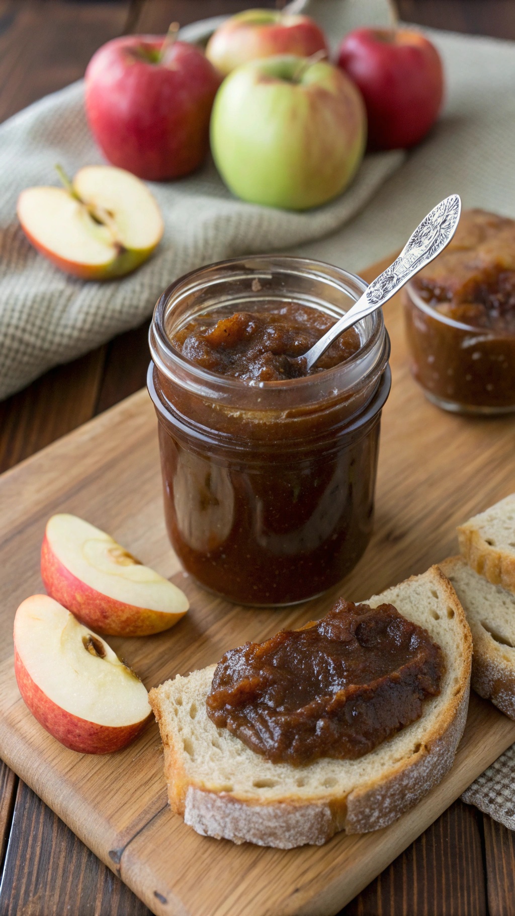 A jar of homemade apple butter on a wooden cutting board with slices of bread and fresh apples in the background.