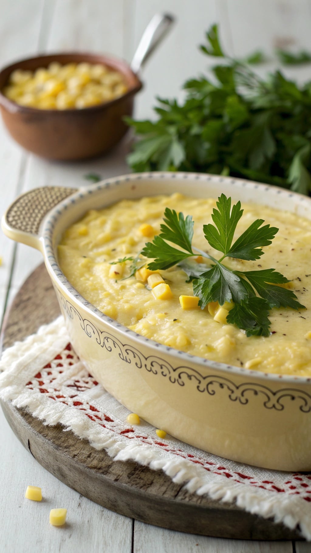 A bowl of classic Amish corn pudding topped with parsley, surrounded by fresh corn and a rustic setting.