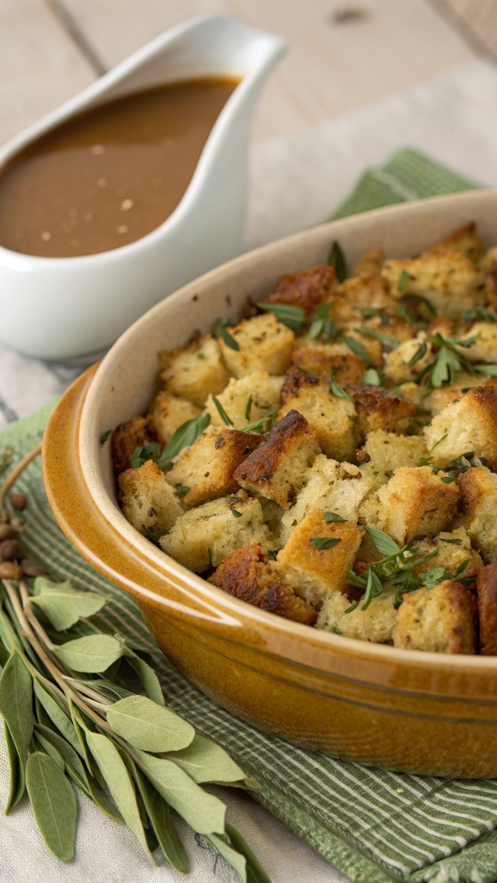 Traditional Amish stuffing with sage in a baking dish, served with gravy.
