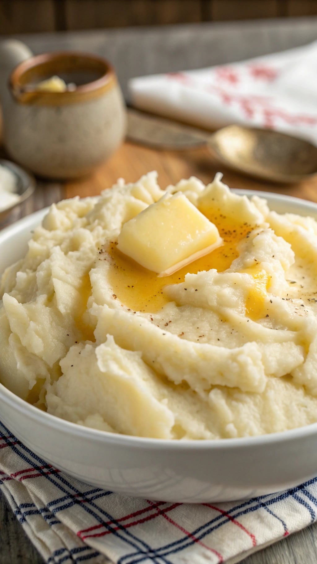 A bowl of creamy Amish mashed potatoes topped with butter.