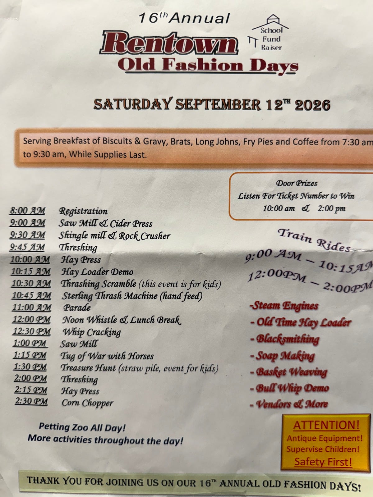 Rentown Old Fashion Days schedule flyer