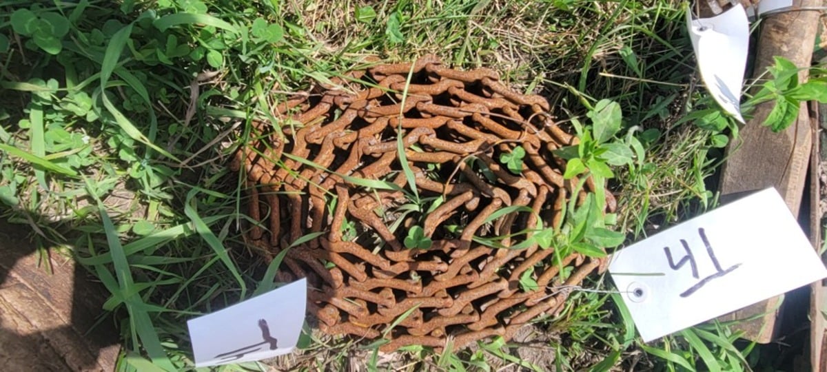 Heavily rusted drive chain coiled in the grass with auction lot tags