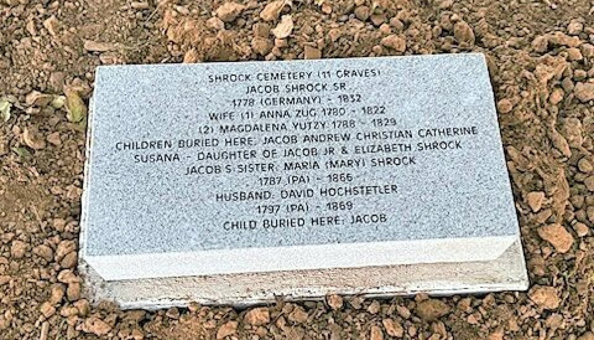 The new Shrock Cemetery stone naming all 11 graves Granite marker set in dirt listing the 11 people buried in the Shrock Cemetery, including Jacob Shrock Sr., born 1778 in Germany