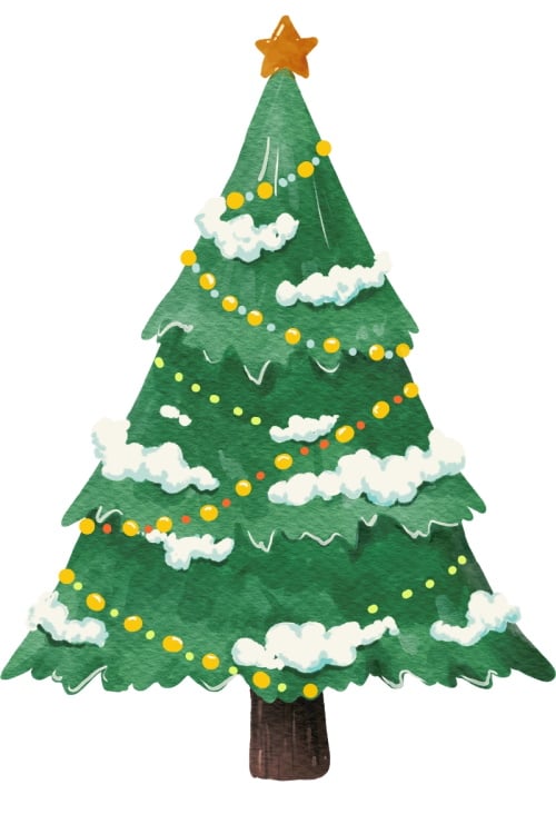 Watercolor painting of a simple Christmas tree