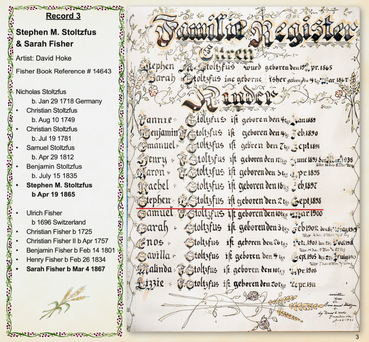 Fraktur family register of Stephen M. Stoltzfus and Sarah Fisher by David Hoke