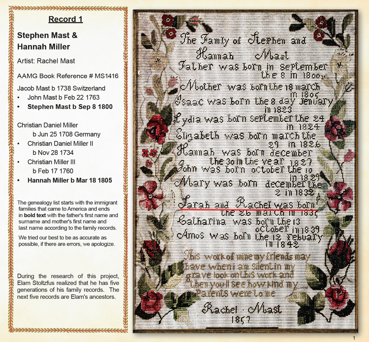 Hand stitched family record of Stephen Mast and Hannah Miller by Rachel Mast, 1857